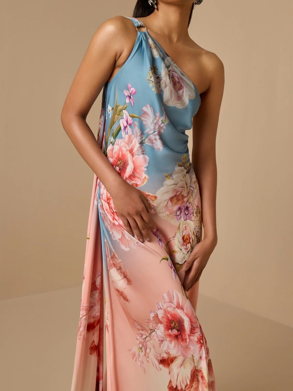 HEMANT & NANDITA One-Shoulder Ombre Floral Gown in Blue and Pink - Picture 2 of 10